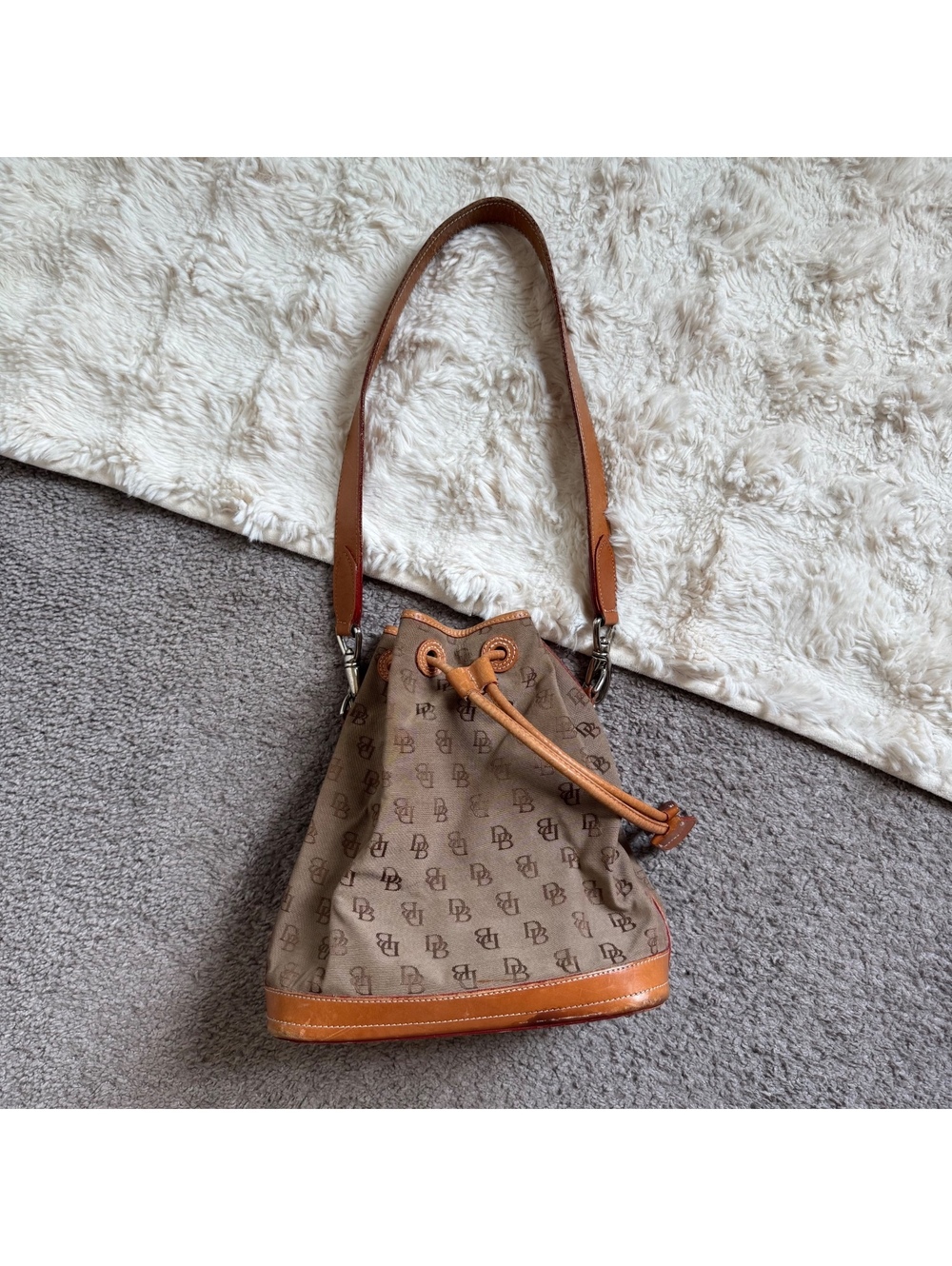 90s Dooney & Bourke DB‎ Monogram Canvas Drawstring Bucket Bag Tan Leather
